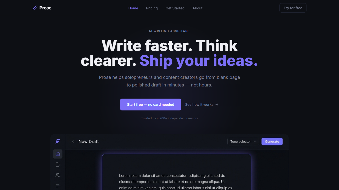 Prose — AI Writing SaaS Landing Page screenshot 1
